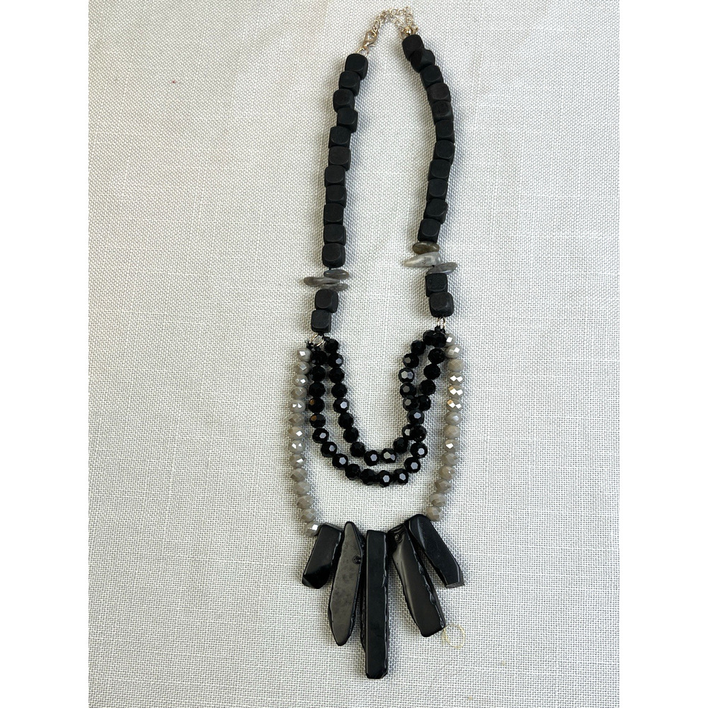 Beaded Statement Necklace Black Silver Multi-Layered Chunky Bold Boho Artsy